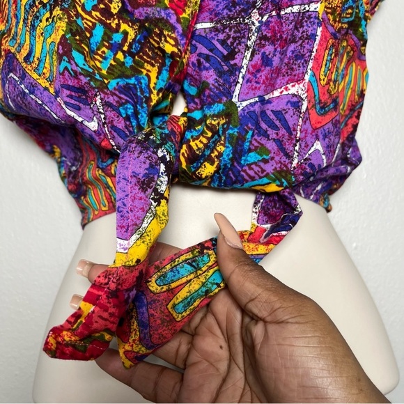 VTG Hilo Hattie Women Top XS Pink Birds of Paradise Tie Front Cap Sleeve Art 80s - Picture 2 of 10